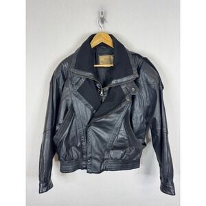 Midway Vintage 80s Mens M Black Leather Bomber Jacket Double Collar‎ Epaulets
